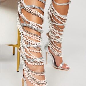 Fashion Nova Silver and White Pearl Heels
